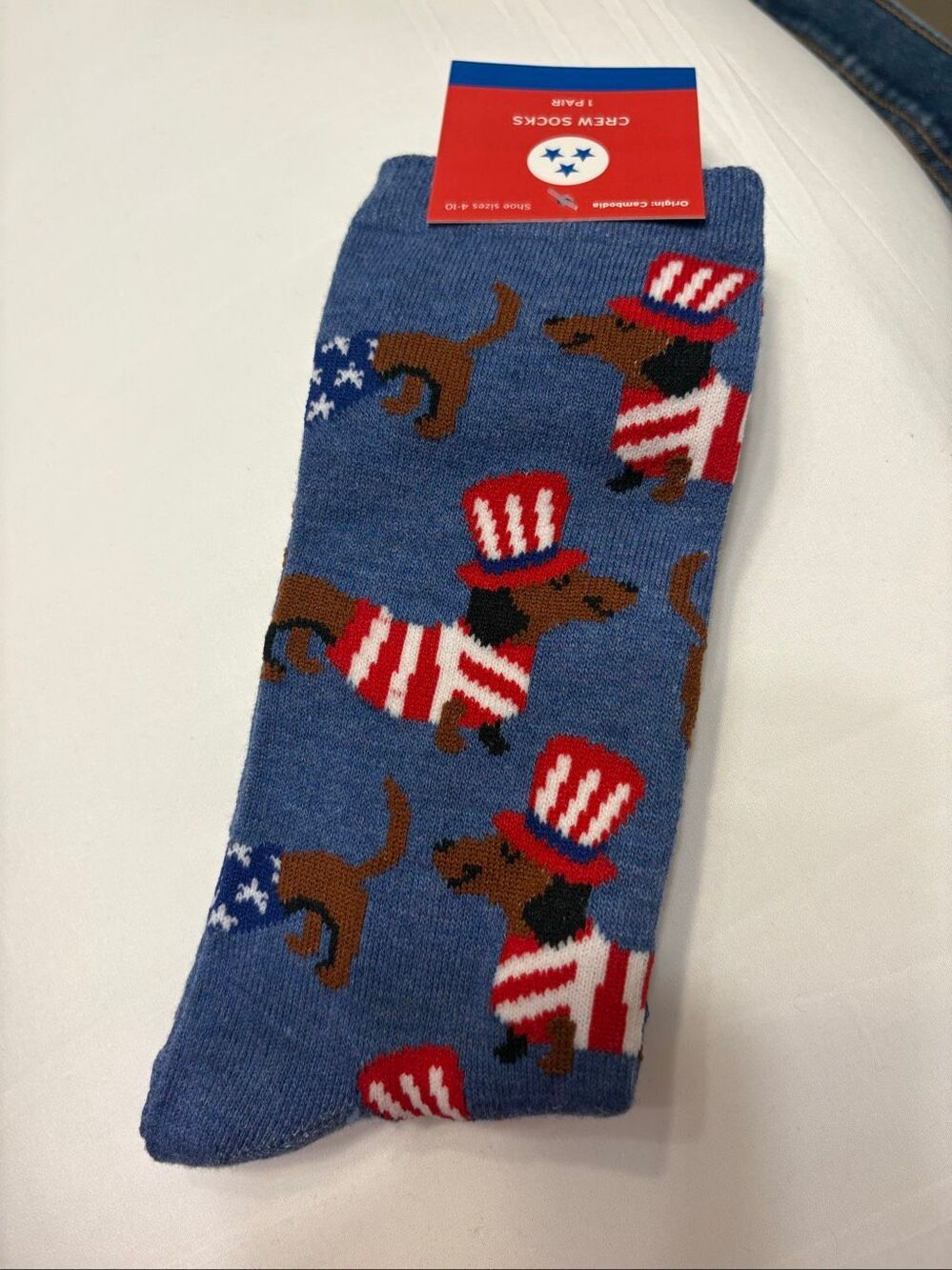 Fourth of July Dachshund Socks Red White Blue Flag USA Brown Dachshund Dog